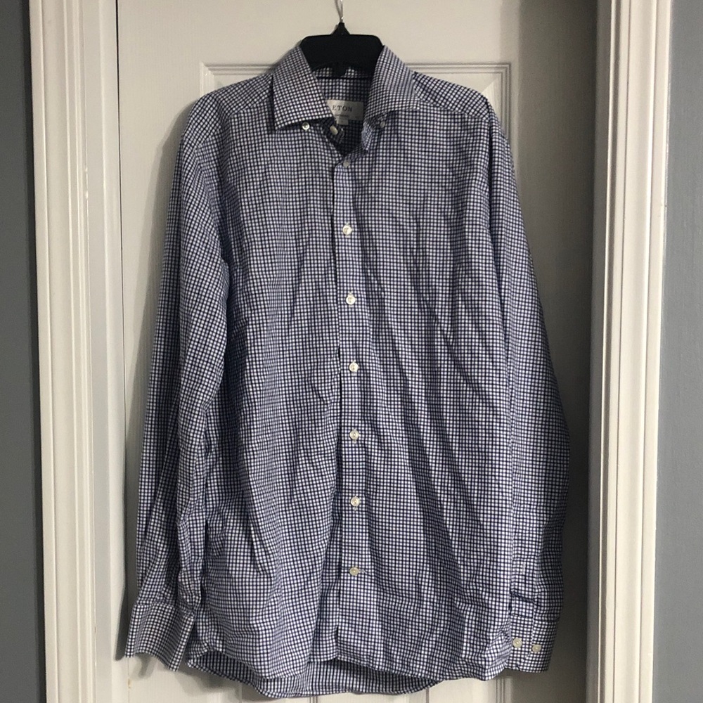 Eton Contemporary 100% Cotton Men’s Checkered Dress Shirt in Blue Lightweight